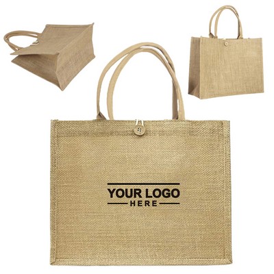 Large Jute Burlap Tote Bag with Button Closure, Eco-Friendly Reusable Shopping Bag